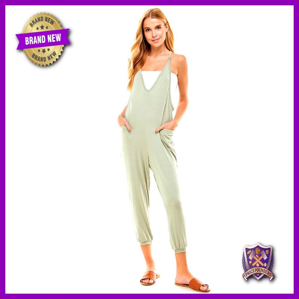 Sleeveless V-Neck Jumpsuit with Pockets, Loose Fit, Rayon Modal Blend